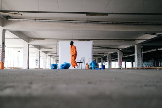 A man in orange overalls stands with trash bags in an urban parking garage.