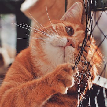 A charming ginger tabby cat playfully interacts with a netting fence.