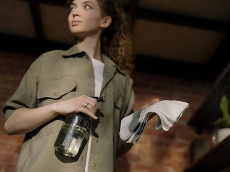 A woman with curly hair holds a cleaning spray and cloth in a cozy home setting.